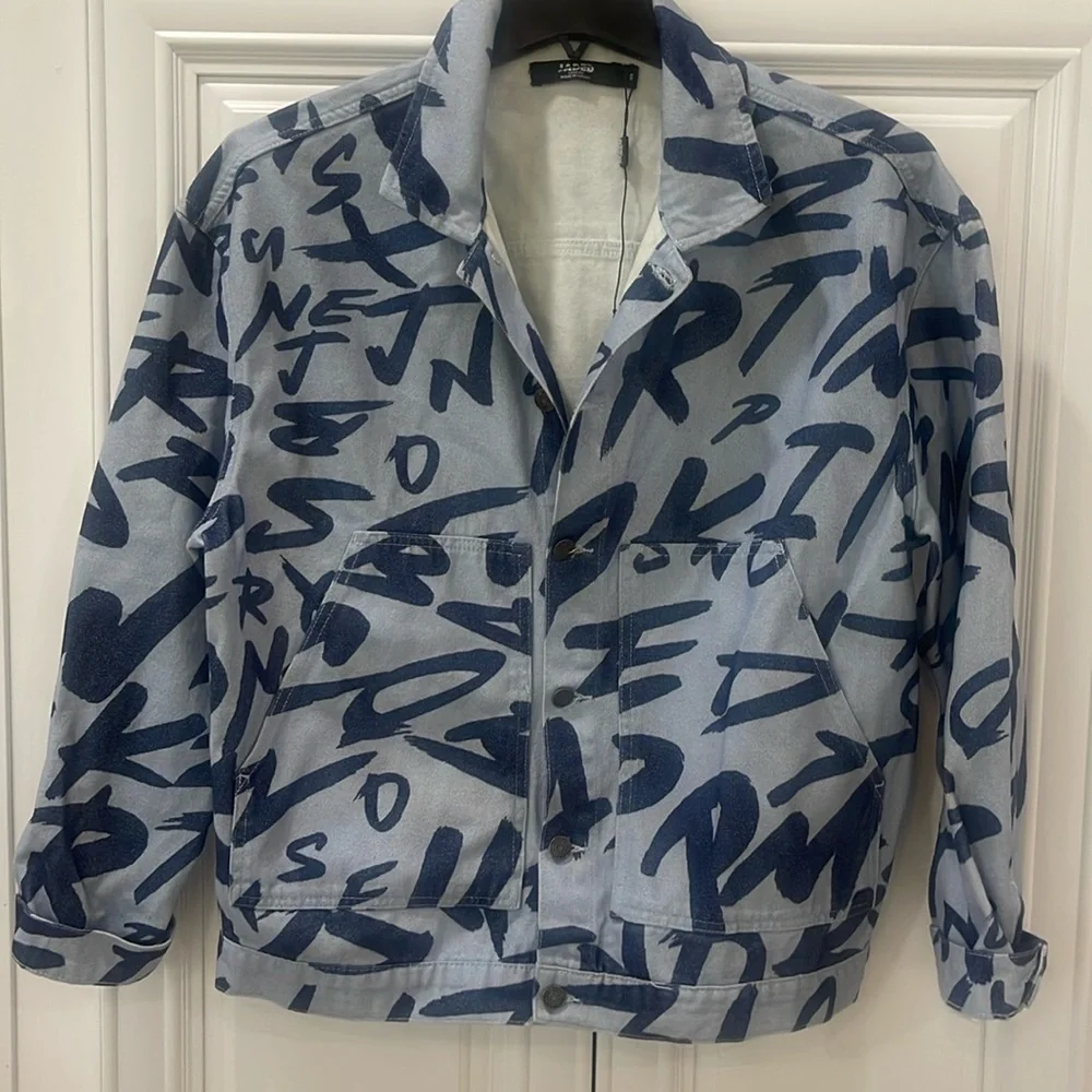 Jaded London Graffiti Blue denim jacket oversized size Small urban streetwear